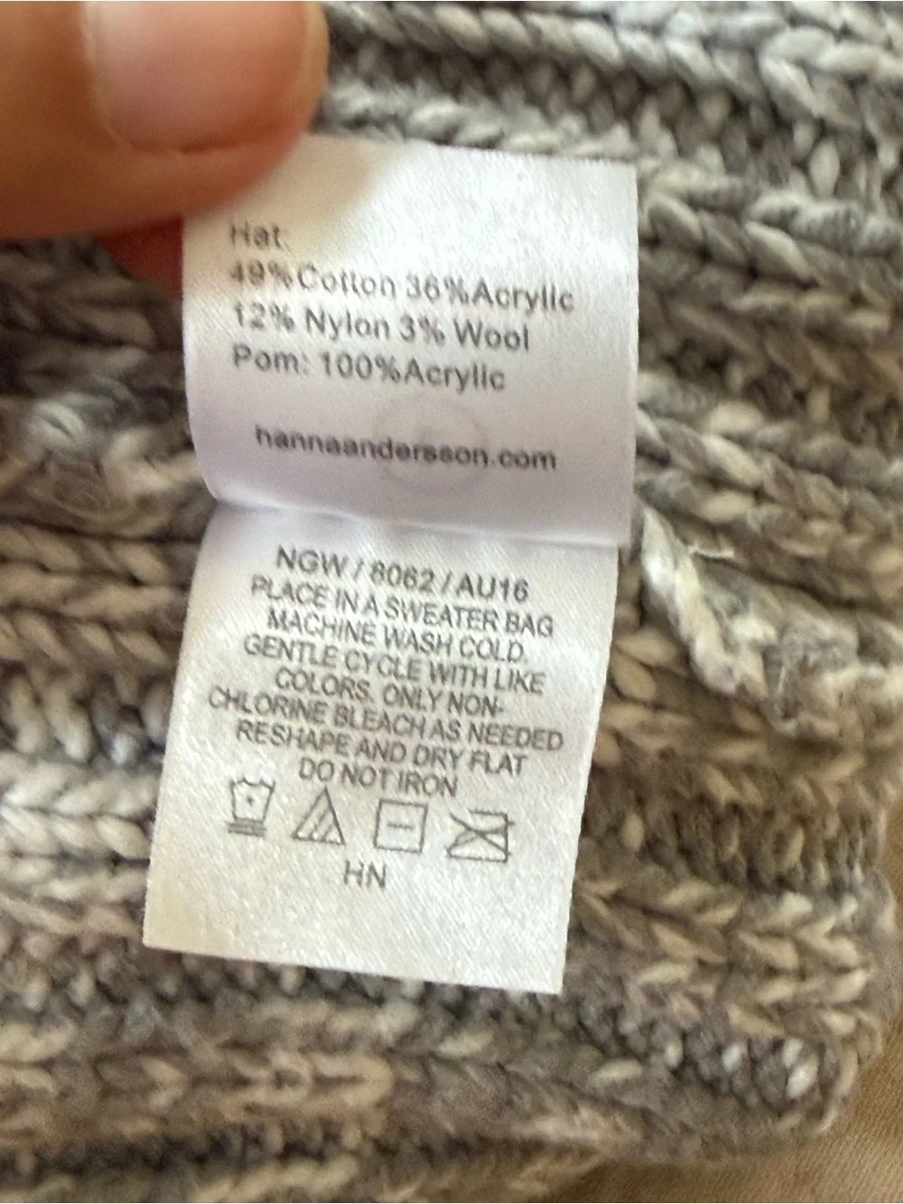 Hannah Anderson Gray Cotton Wool Blend Puff Ball Knit Hat, size Large